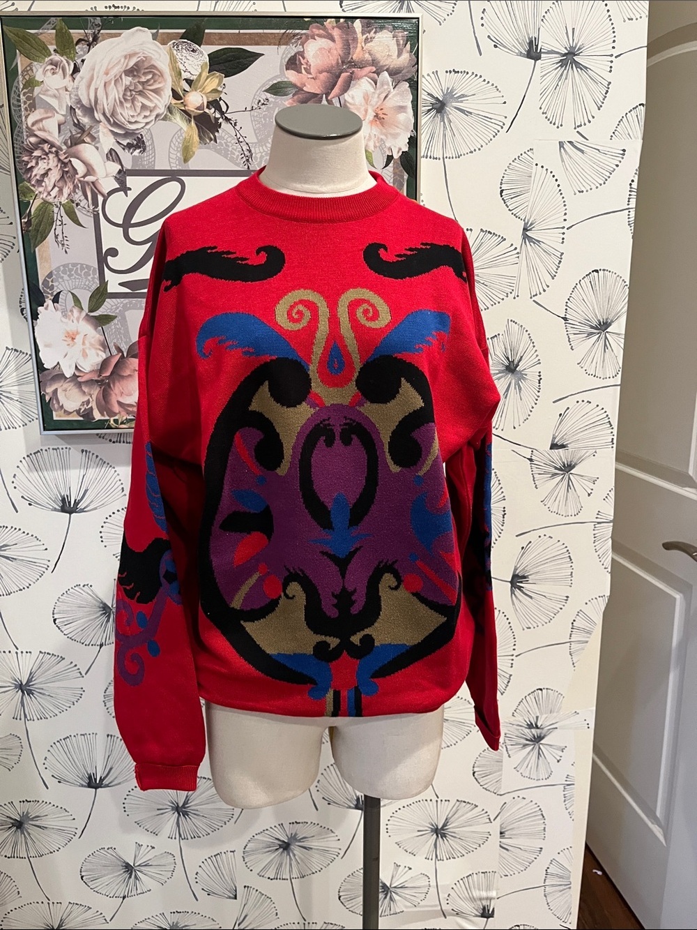 Istante Versace L Bold Red Graphic Knit Sweater Multicolor Baroque Motif VTG